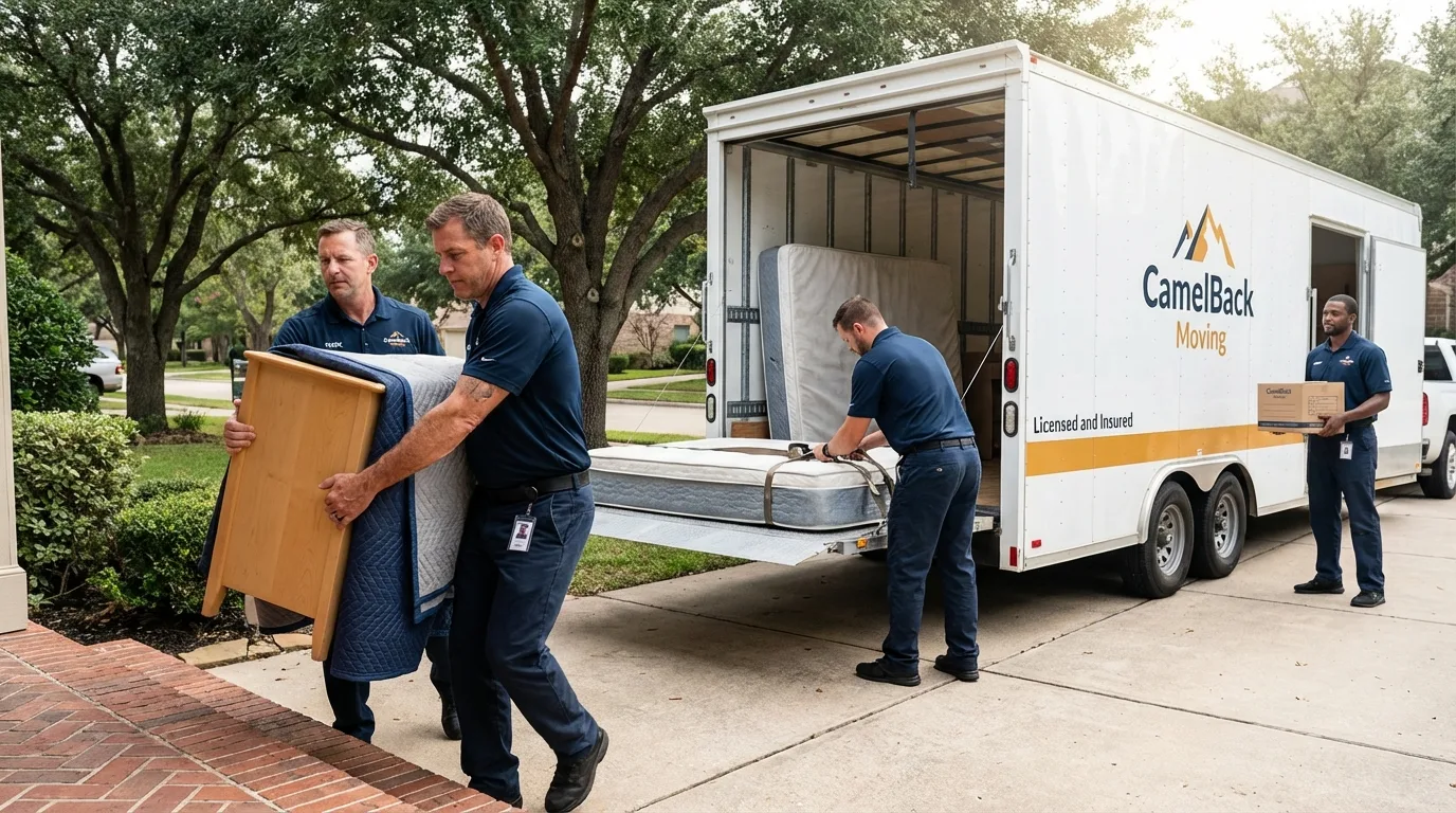Crew loading residential truck for cross-state move from Mayville, ND