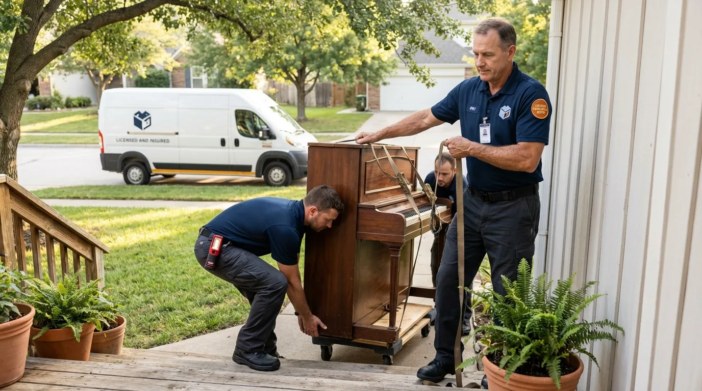 Licensed piano movers securing grand piano in Mayville, ND