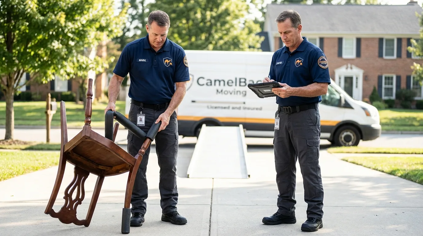 Movers inspecting furniture for damage prevention before loading in Mayville, ND