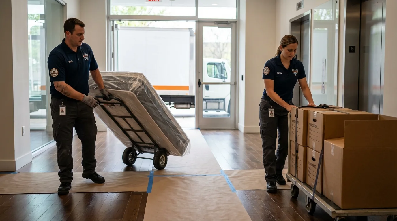 Professional apartment movers loading elevator in Mayville, ND